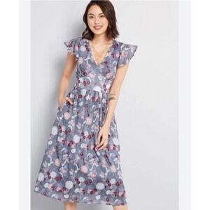 NWT ModCloth Truly You Floral Cotton Midi Dress Flutter Sleeve Blue Women's M